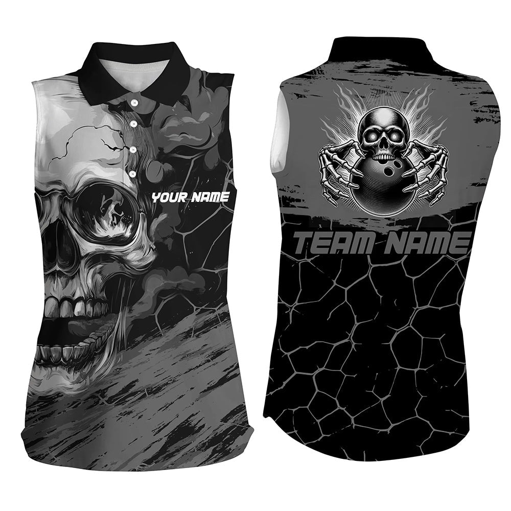 Black And Gray Skull Bowling Custom Bowling Sleeveless Polo Shirts Bowling Team League Polo, Women Bowling Shirts