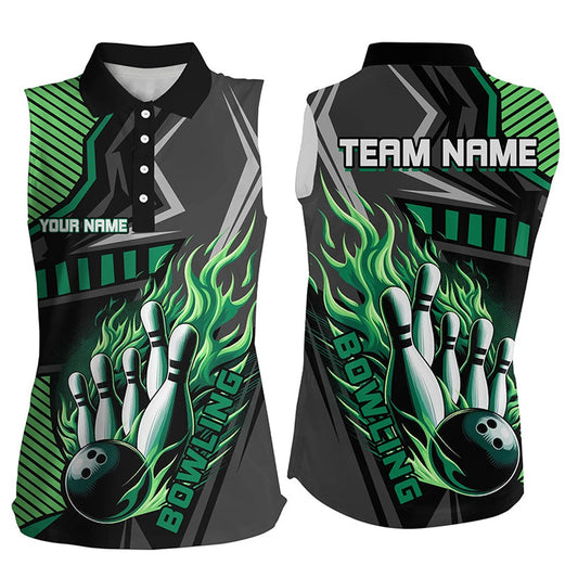 Black And Green Bowling Ball And Pins Women Sleeveless Polo Shirts Custom Bowling Team League Polo, Women Bowling Shirts