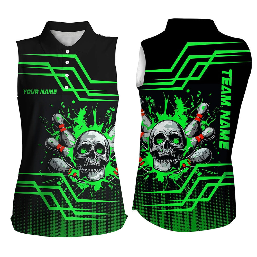 Black And Green Bowling Skull Sleeveless Polo Shirts For Women Custom Team Bowling Polo, Bowl Gifts, Women Bowling Shirts