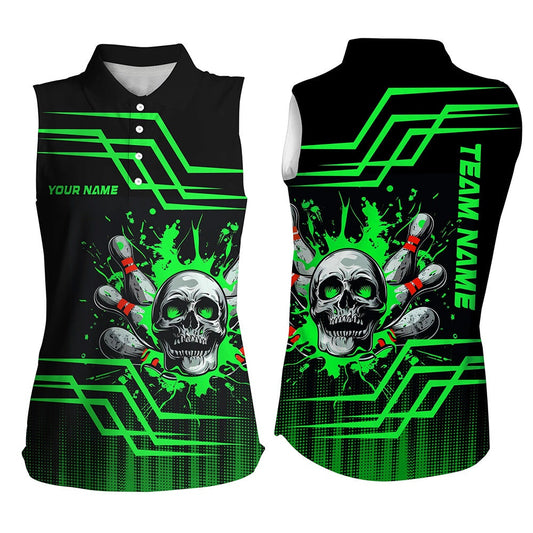 Black And Green Bowling Skull Sleeveless Polo Shirts For Women Custom Team Bowling Polo, Bowl Gifts, Women Bowling Shirts