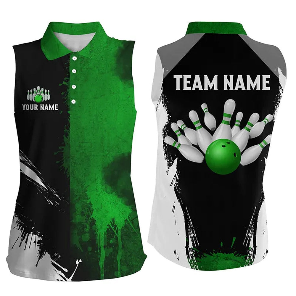 Black And Green Bowling Sleeveless Polo For Women Custom Bowling Team Polo, Gift For Bowlers, Women Bowling Shirts