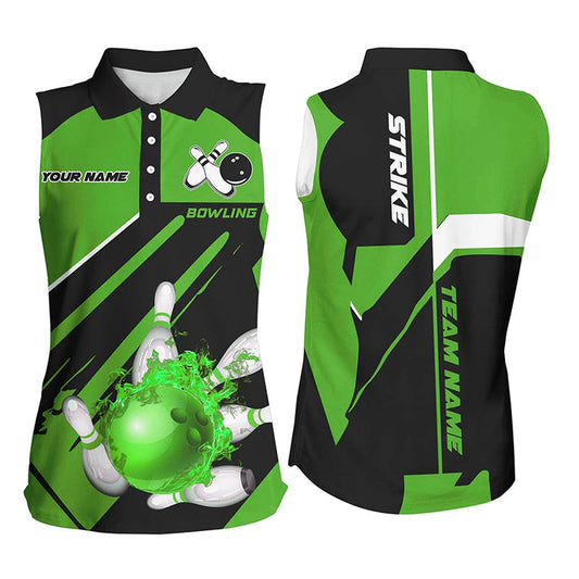 Black And Green Bowling Sleeveless Polo Shirt For Women Custom Flame Bowling Ball Pins Uniform Shirt, Women Bowling Shirts