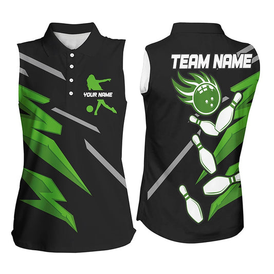 Black And Green Bowling Sleeveless Polo Shirts For Women Custom Bowling Team Polo, Gift For Bowler, Women Bowling Shirts