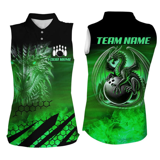 Black And Green Custom Dragon Flame Bowling Sleeveless Polo Shirts, Dragon Fire Bowling Team Shirts, Women Bowling Shirts