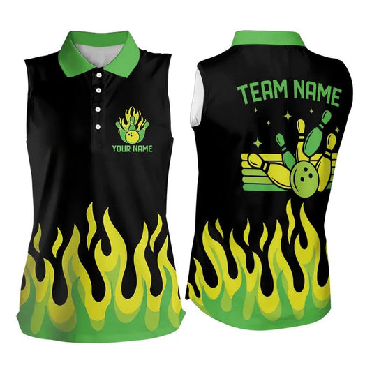 Black And Green Flame Retro Bowling Sleeveless Polo Shirt Custom Bowling Team Polo, Women Bowling Shirts