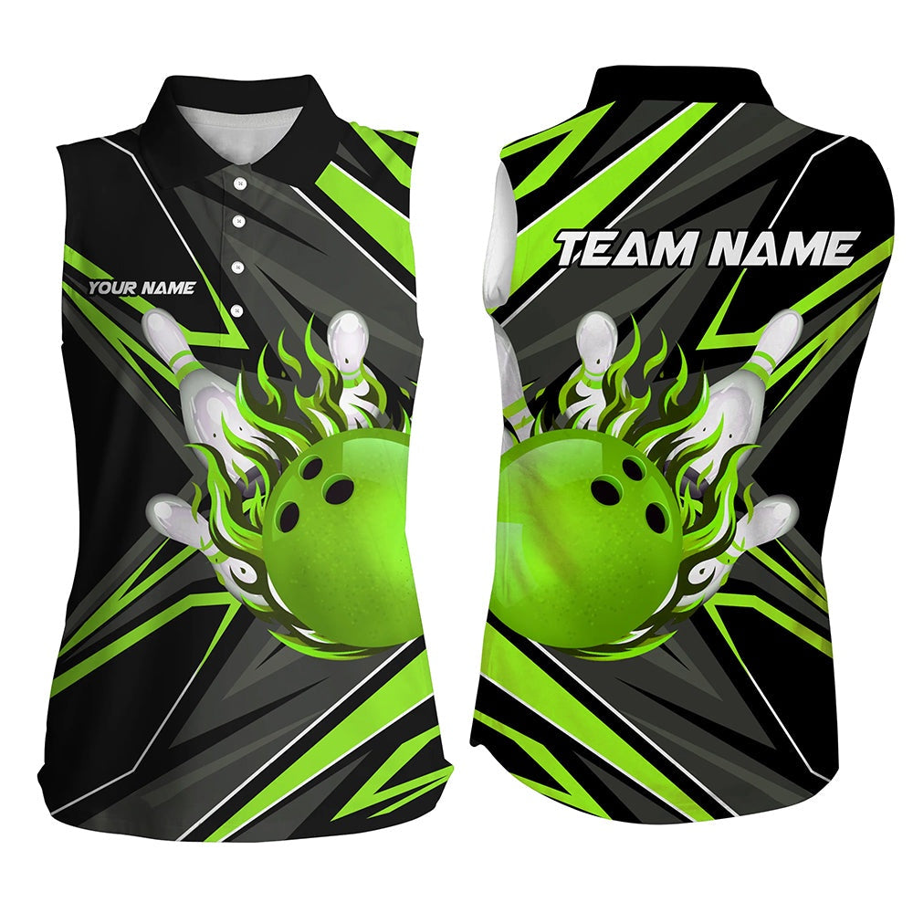 Black And Green Women Sleeveless Polo Shirts Custom Bowling Ball Pins Flame Bowling Polo For Bowler, Women Bowling Shirts