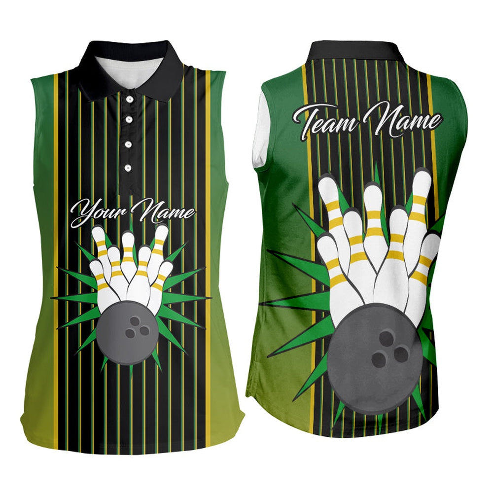 Black And Green Yellow Retro Stripe Bowling Sleeveless Polo Shirts Custom Vintage Bowling Team Polo, Women Bowling Shirts