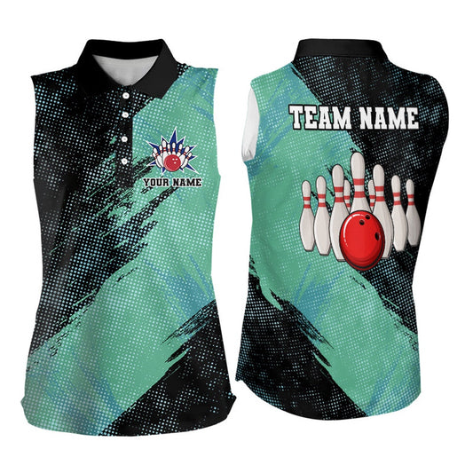 Black And Mint Color Bowling Sleeveless Polo Shirt Custom Bowling Team Polo, Bowler Outfit, Women Bowling Shirts