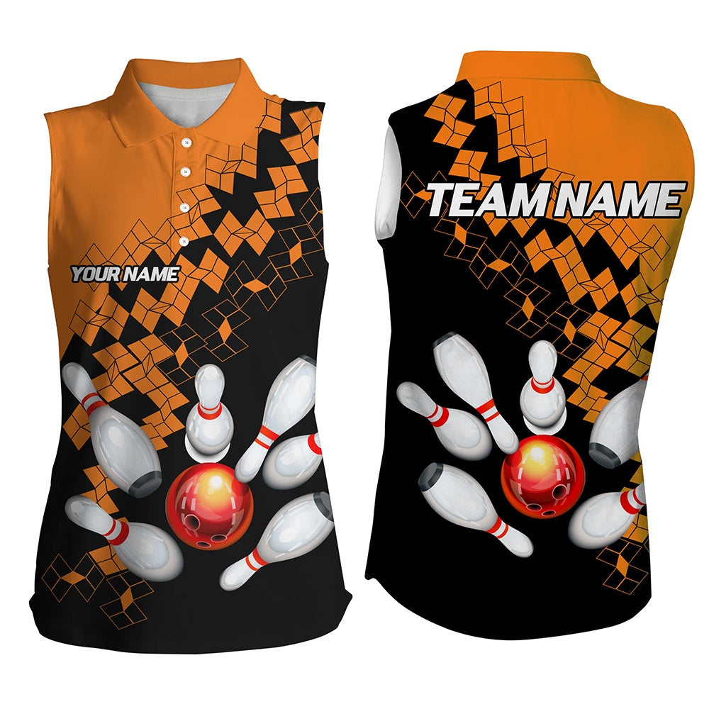 Black And Orange Bowling Polo Women Sleeveless Polo Shirt Custom Bowling Team Shirts For Bowlers, Women Bowling Shirts