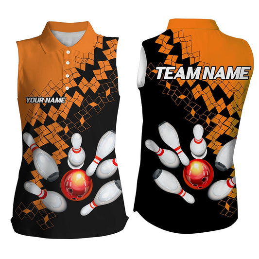 Black And Orange Bowling Polo Women Sleeveless Polo Shirt Custom Bowling Team Shirts For Bowlers, Women Bowling Shirts
