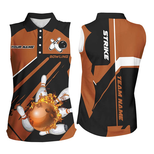 Black And Orange Bowling Sleeveless Polo Shirt For Women Custom Flame Bowling Polo Uniform Shirts, Women Bowling Shirts
