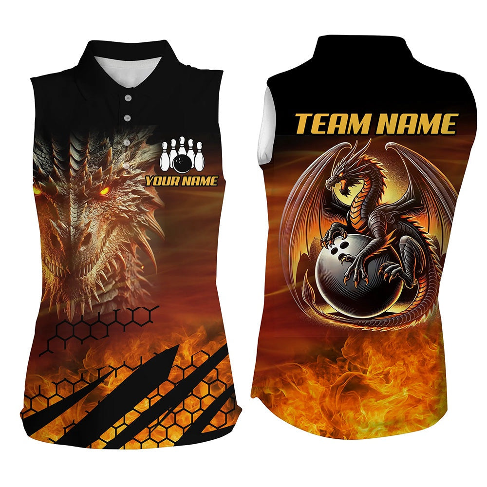 Black And Orange Custom Dragon Flame Bowling Sleeveless Polo Shirts, Dragon Fire Bowling Team Shirts, Women Bowling Shirts