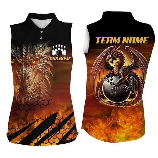 Black And Orange Custom Dragon Flame Bowling Sleeveless Polo Shirts, Dragon Fire Bowling Team Shirts, Women Bowling Shirts