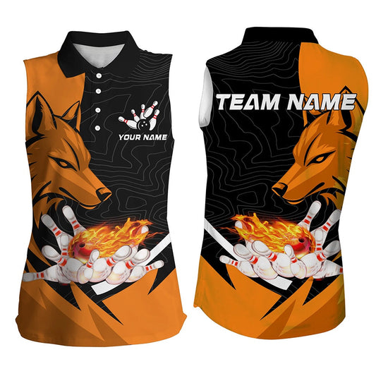 Black And Orange Flame Bowling Sleeveless Polo Shirts For Women Custom Wolf Bowling Team League Polo, Women Bowling Shirts