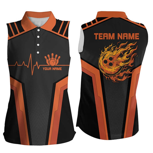 Black And Orange Flame Bowling Womens Sleeveless Polos Custom Bowling Ball Pins Heartbeat Team Shirts, Women Bowling Shirts