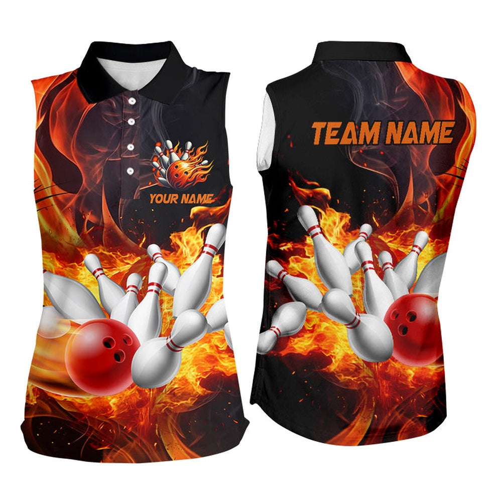 Black And Orange Flame Custom Bowling Sleeveless Polo Shirts, Flame Bowling League Shirts Outfits, Women Bowling Shirts