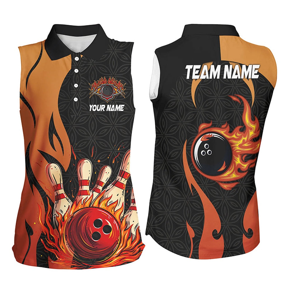 Black And Orange Flame Women Sleeveless Polo Shirts Custom Team Bowling Polo Bowl Gifts, Women Bowling Shirts