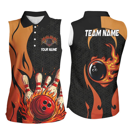 Black And Orange Flame Women Sleeveless Polo Shirts Custom Team Bowling Polo Bowl Gifts, Women Bowling Shirts