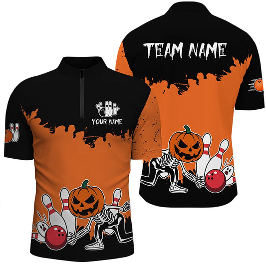 Black And Orange Funny Pumpkin Skull Bowling Shirts For Men Custom Halloween Team Bowling Jerseys, Bowling Jersey Shirt