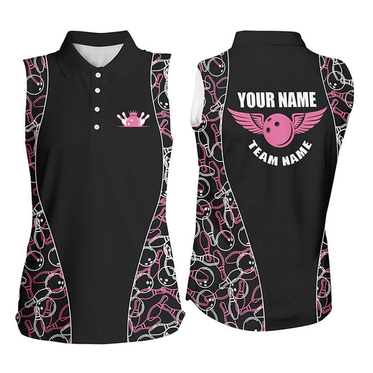 Black And Pink Bowling Pattern Sleeveless Polo Shirts For Women, Personalized Bowling Team Polo, Women Bowling Shirts