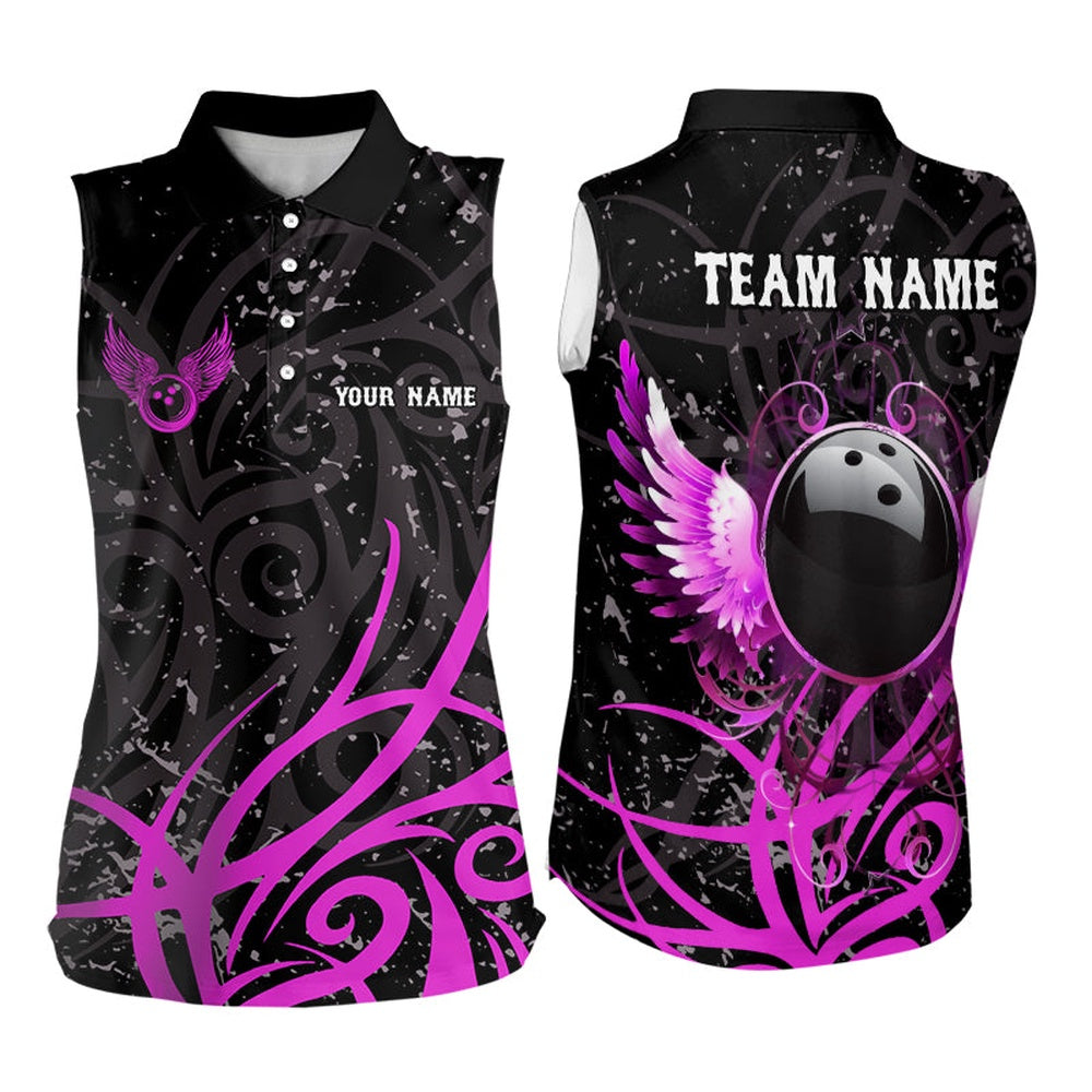 Black And Pink Camo Bowling Sleeveless Polo Shirts Custom Team Bowling Polo, Gift For Bowlers, Women Bowling Shirts