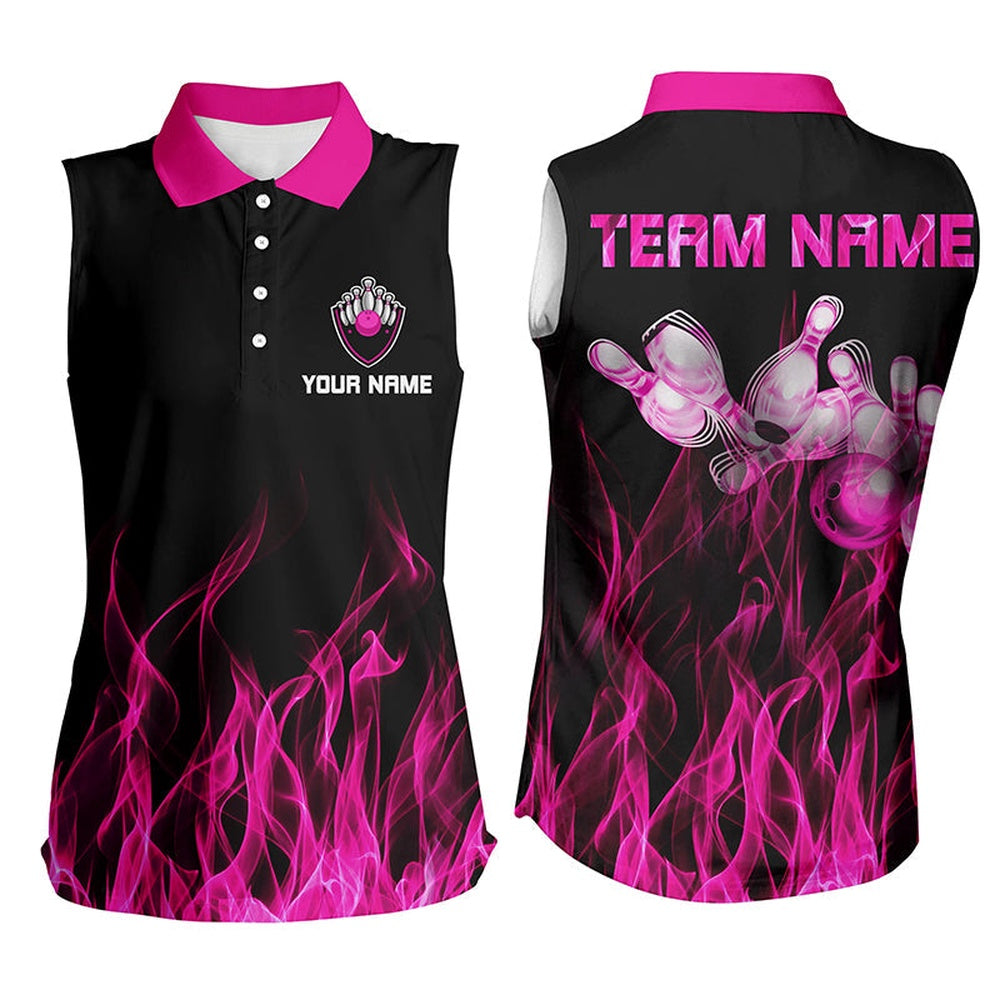 Black And Pink Flame Women Sleeveless Polo Shirts Bowling Polo Personalized Bowling Team Shirts, Women Bowling Shirts