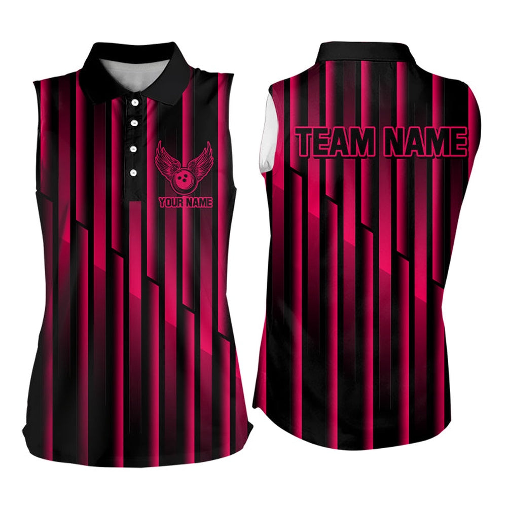 Black And Pink Neon Light Pattern Bowling Sleeveless Polo Shirt Custom Team Bowling Polo, Women Bowling Shirts
