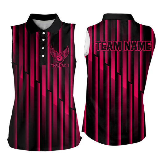 Black And Pink Neon Light Pattern Bowling Sleeveless Polo Shirt Custom Team Bowling Polo, Women Bowling Shirts
