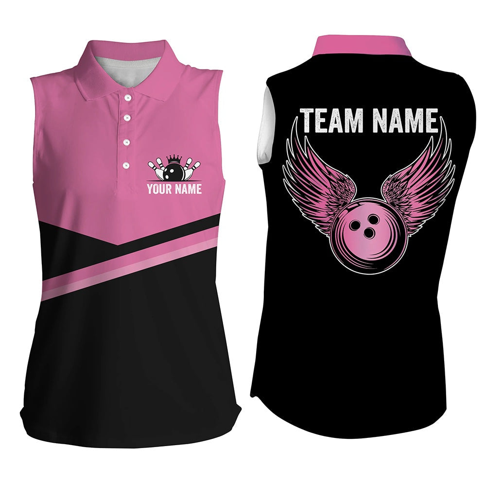 Black And Pink Women Sleeveless Polo Shirts Custom Team Bowling Polo, Gift For Bowlers, Women Bowling Shirts