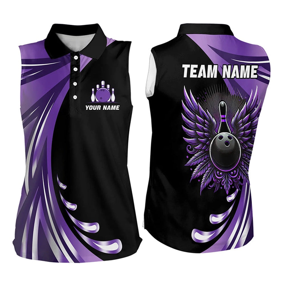 Black And Purple Bowling Ball And Pins Wings Bowling Sleeveless Polo Shirt Custom Team Bowling Polo, Women Bowling Shirts