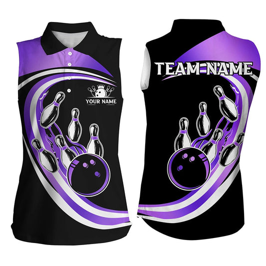 Black And Purple Bowling Sleeveless Polo Shirt Custom Bowling Team League Polo, Gift For Bowlers, Women Bowling Shirts