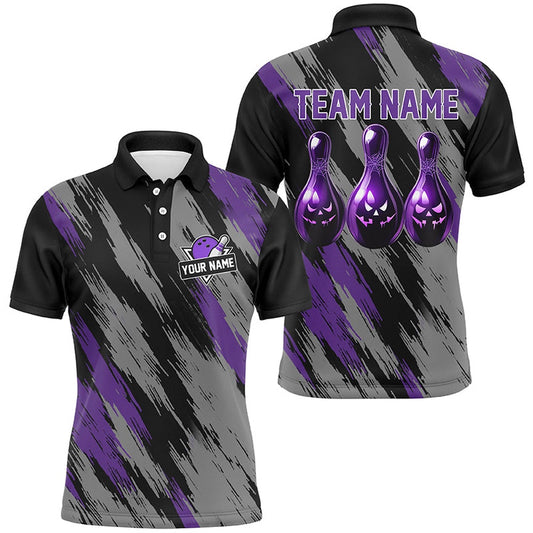 Black And Purple Camo Halloween Men Bowling Polo, Polo Shirt Custom Bowling Team Polo, Bowling Team Shirts