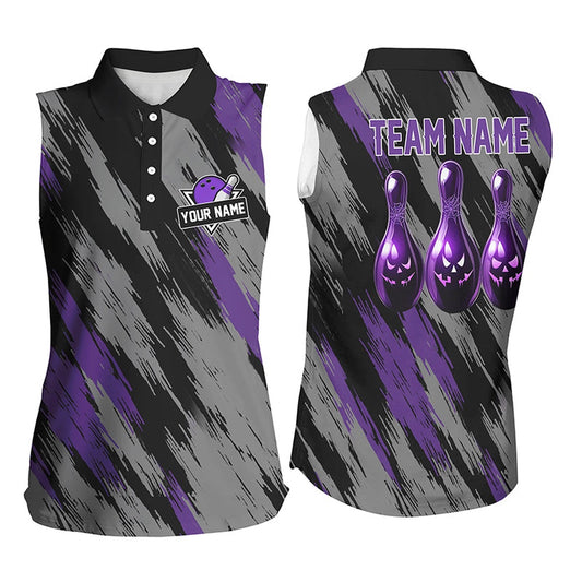 Black And Purple Camo Halloween Women Bowling Sleeveless Polo Shirt Custom Bowling Team Polo, Women Bowling Shirts
