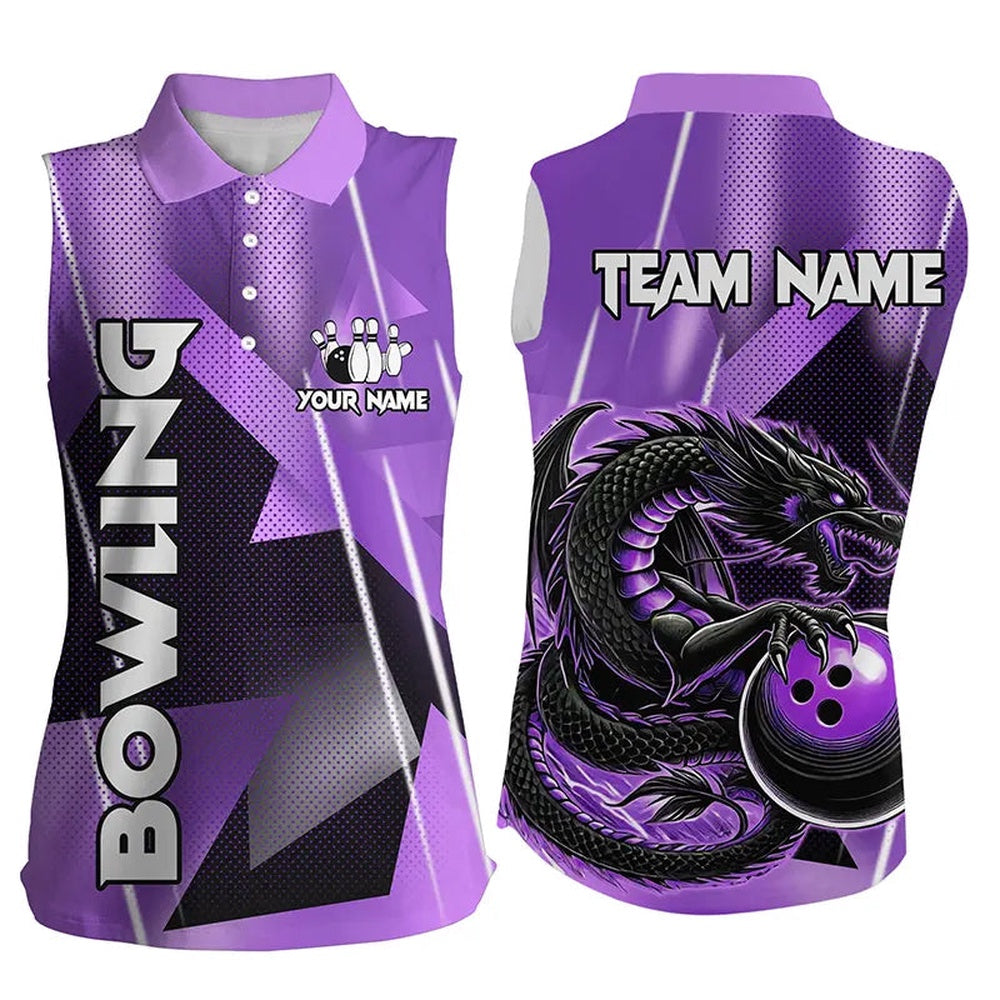 Black And Purple Custom Dragon Bowling Sleeveless Polo Shirts For Women, Dragon Bowling Team Shirts, Women Bowling Shirts