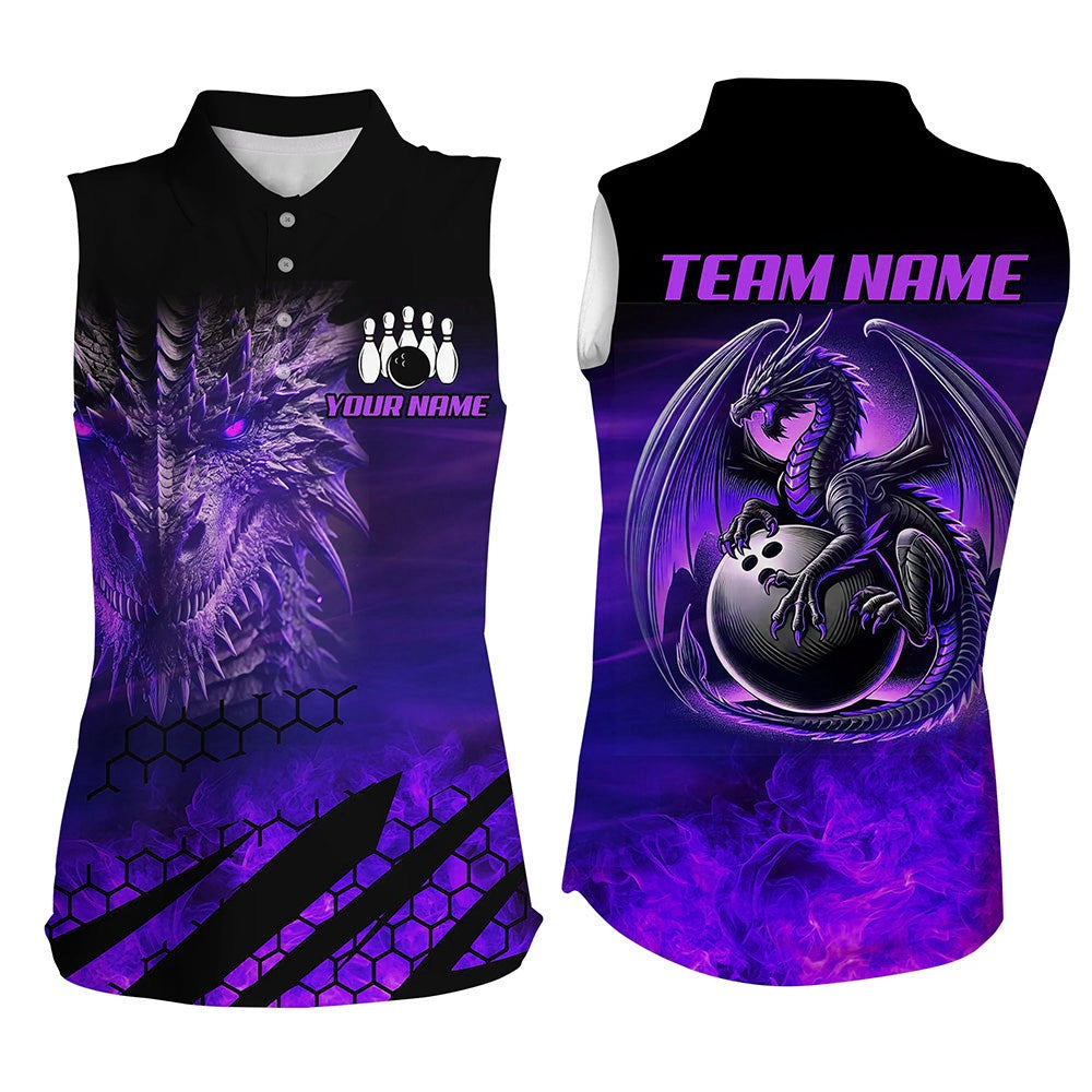 Black And Purple Custom Dragon Flame Bowling Sleeveless Polo Shirts, Dragon Fire Bowling Team Shirts, Women Bowling Shirts