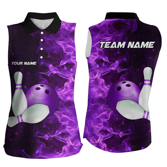 Black And Purple Flame Bowling Sleeveless Polo Shirt Custom Bowling Team Shirt Bowling Uniform Outfit, Women Bowling Shirts