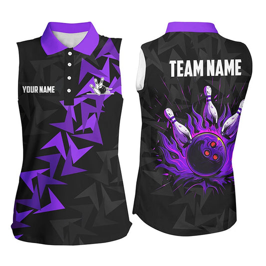 Black And Purple Flame Camo Bowling Sleeveless Polo Shirts For Women Custom Bowling Team Polo, Women Bowling Shirts