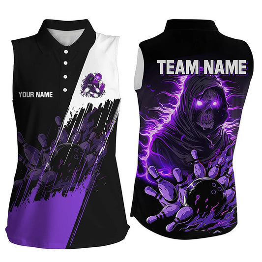 Black And Purple Skull Reaper Bowling Polo Sleeveless Polo Shirt Custom Bowling Team Shirts, Women Bowling Shirts
