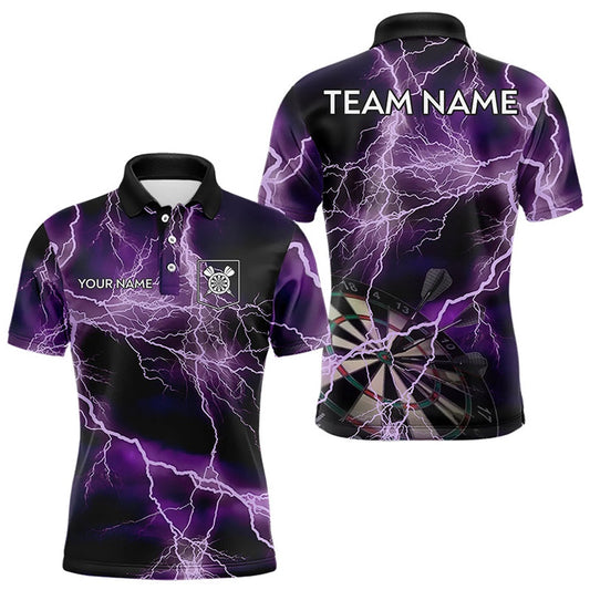 Black And Purple Thunder Lightning Dart Shirts With Pocket For Men Custom 3D Darts Team Polo, Darts Team Polo Shirt