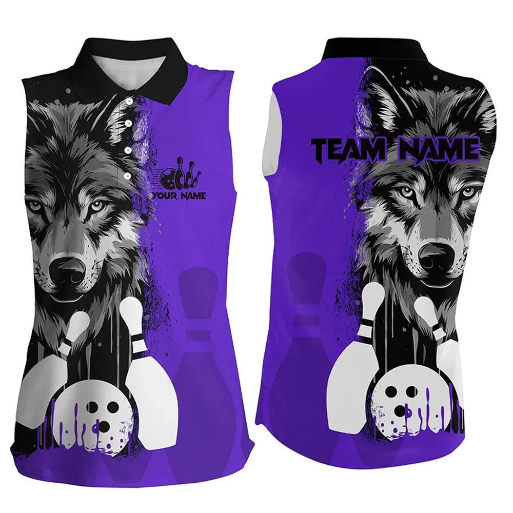 Black And Purple Wolf Bowling Sleeveless Polo Shirts For Women Custom Bowling Team League Polo, Women Bowling Shirts