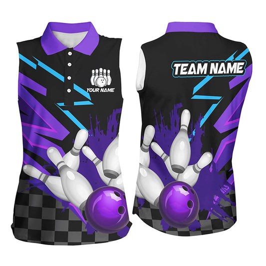Black And Purple Women Bowling Sleeveless Polos Custom Team Bowling Polo, Women Bowling Outfits, Women Bowling Shirts