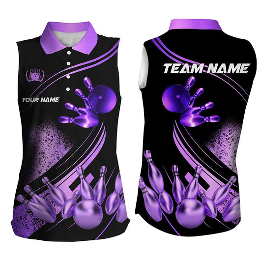 Black And Purple Women Sleeveless Polo Shirts Custom Bowling Apparel Team Bowling Polo, Bowling Gift, Women Bowling Shirts