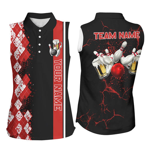 Black And Red Argyle Pattern Bowling Beer Custom Bowling Sleeveless Polo Shirts Bowling Team Polo, Women Bowling Shirts