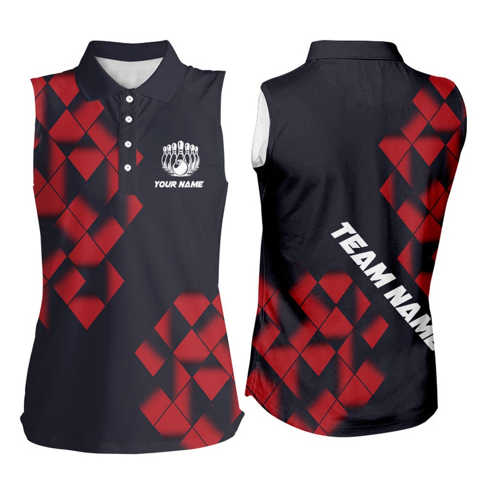 Black And Red Argyle Pattern Bowling Sleeveless Polo Shirts For Women Custom Bowling Team Polo, Women Bowling Shirts