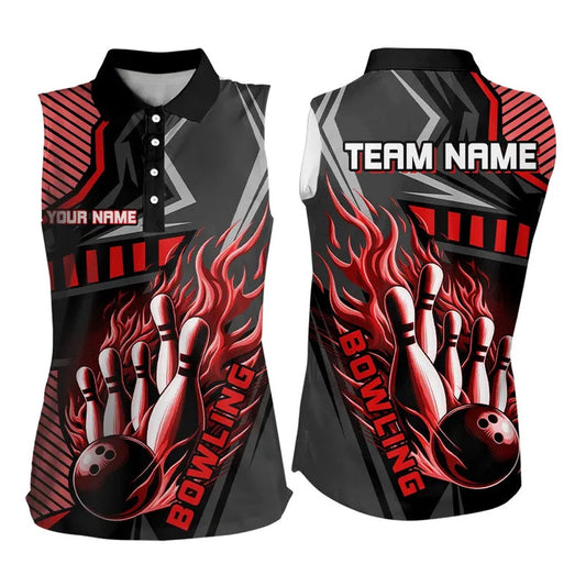 Black And Red Bowling Ball And Pins Women Sleeveless Polo Shirts Custom Bowling Team League Polo, Women Bowling Shirts