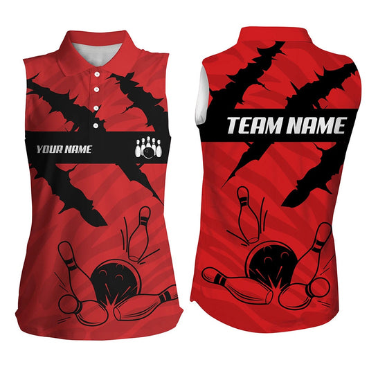 Black And Red Bowling Camo Women Sleeveless Polo Shirts Custom Team Bowling Polo, Gift For Bowlers, Women Bowling Shirts