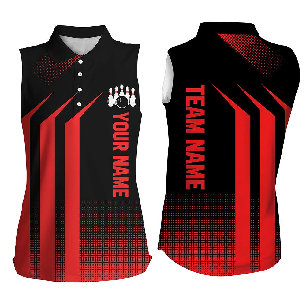 Black And Red Bowling Sleeveless Polo Shirt For Women Custom Bowling Team League Polo, Women Bowling Shirts