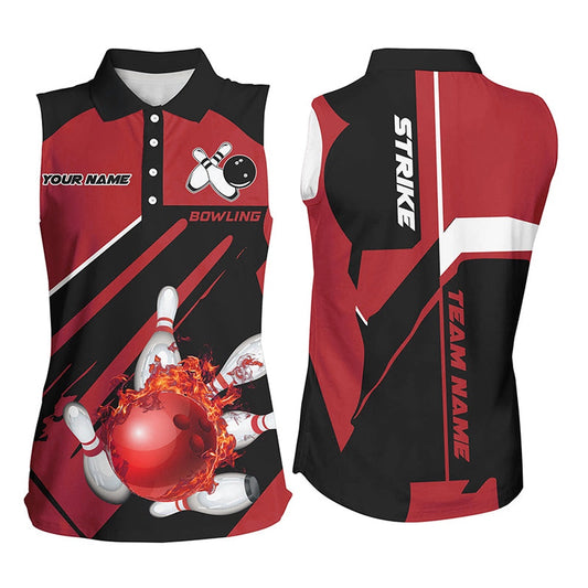 Black And Red Bowling Sleeveless Polo Shirt For Women Custom Flame Bowling Ball Pins Uniform Shirt, Women Bowling Shirts