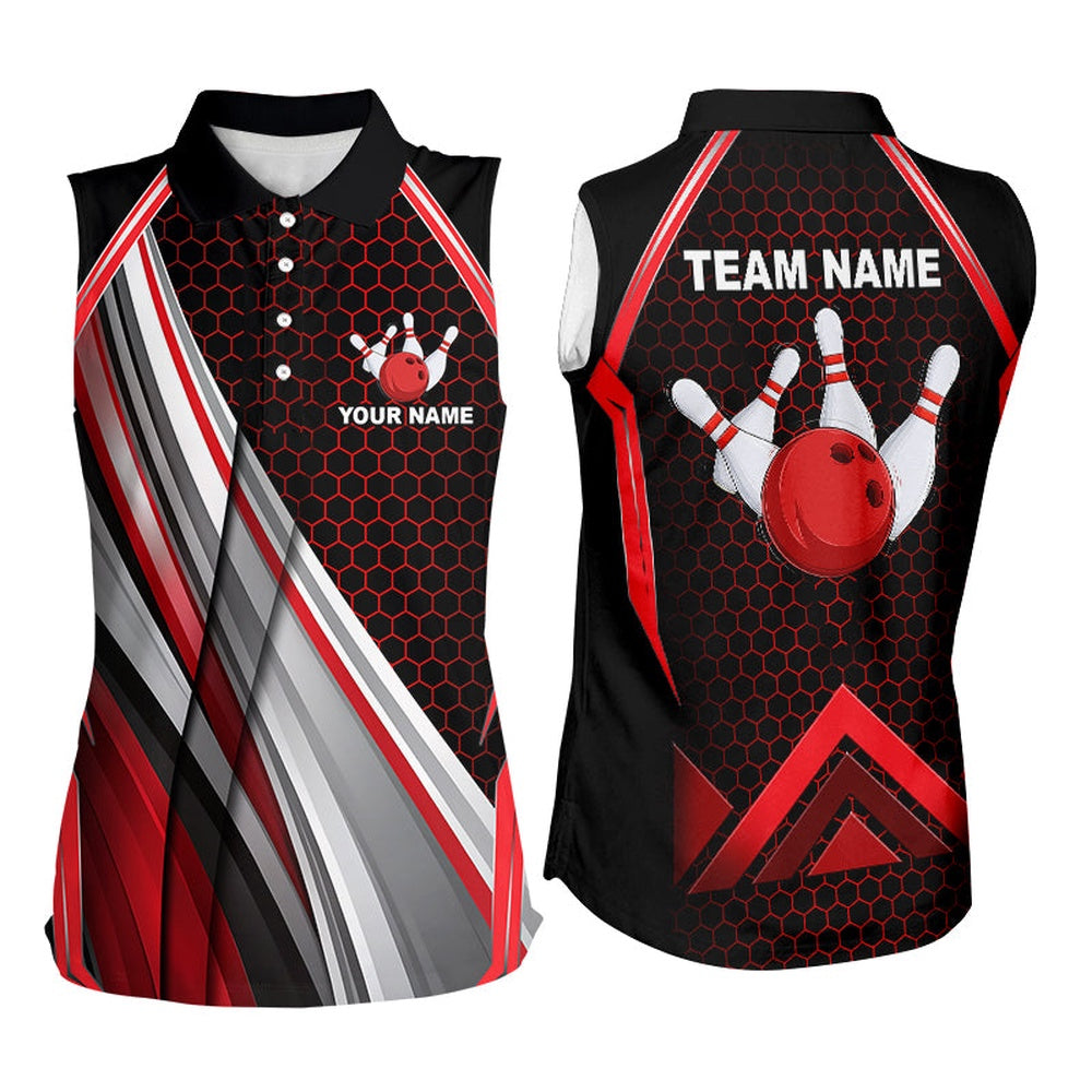 Black And Red Bowling Sleeveless Polo Shirts Custom Bowling Team League Polo, Gift For Bowlers, Women Bowling Shirts