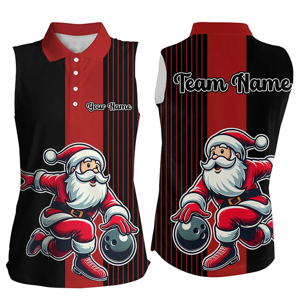 Black And Red Bowling Sleeveless Polo Shirts Custom Funny Santa Christmas Bowling Team Uniform Polo, Women Bowling Shirts